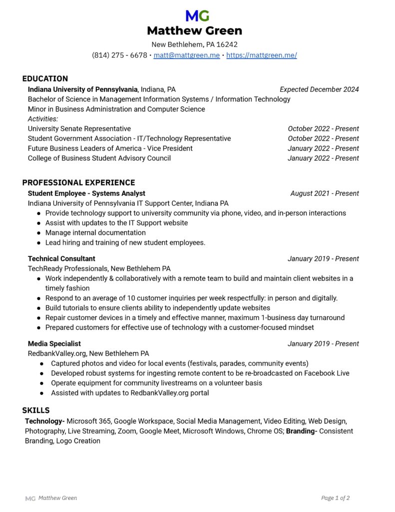 Preview of Matt Green's resume